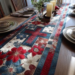Patriotic Patchwork with Red Blooms Table Runner - Made to Order TABLE928