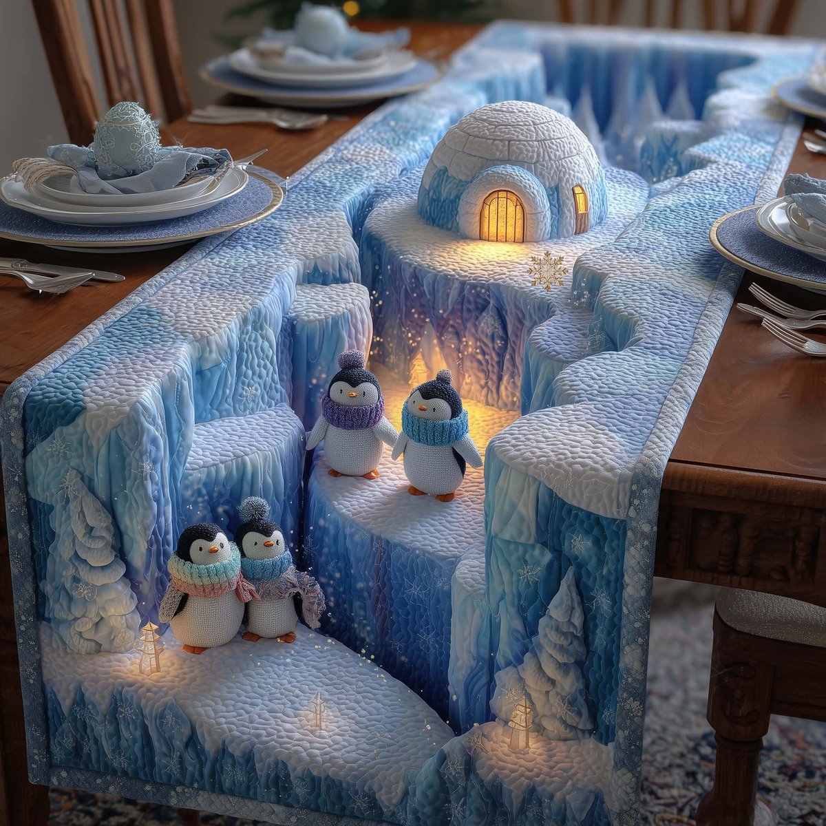 Penguins in Lit Ice Cave Table Runner - Made to Order TABLE928