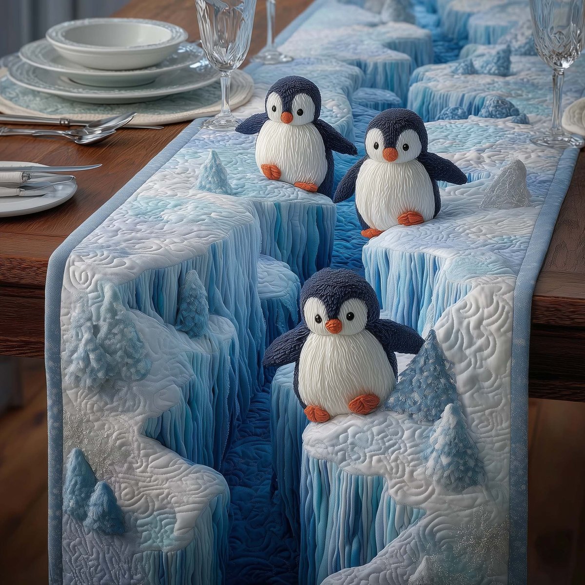 Penguins Peering Over Ice Cliff Table Runner - Made to Order TABLE928