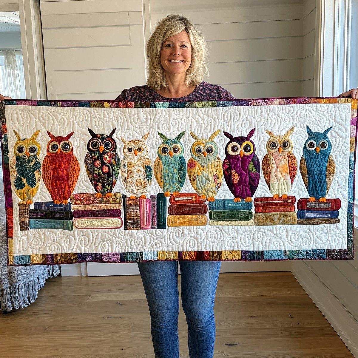 Owls Perched on Layered Books Table Runner - Made to Order TABLE928