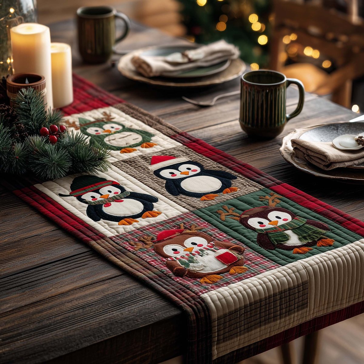 Penguins with Scarves on Plaid Table Runner - Made to Order TABLE928