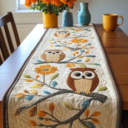 Owl Pair with Orange Blooms Table Runner - Made to Order TABLE928