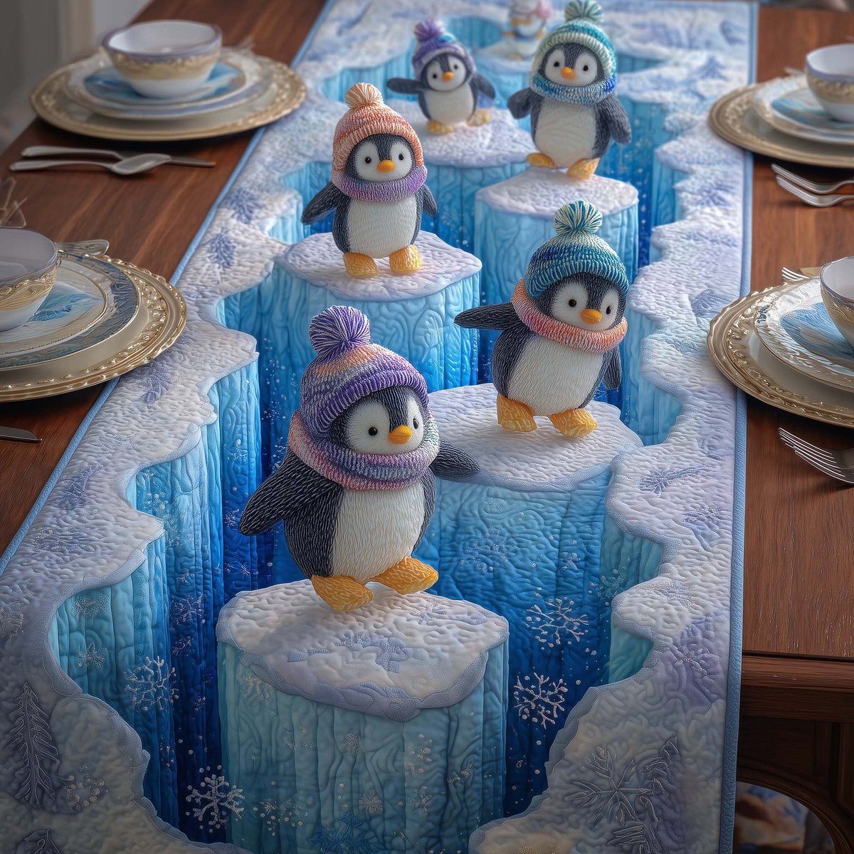 Penguins in Winter Hats on Ice Table Runner - Made to Order TABLE928
