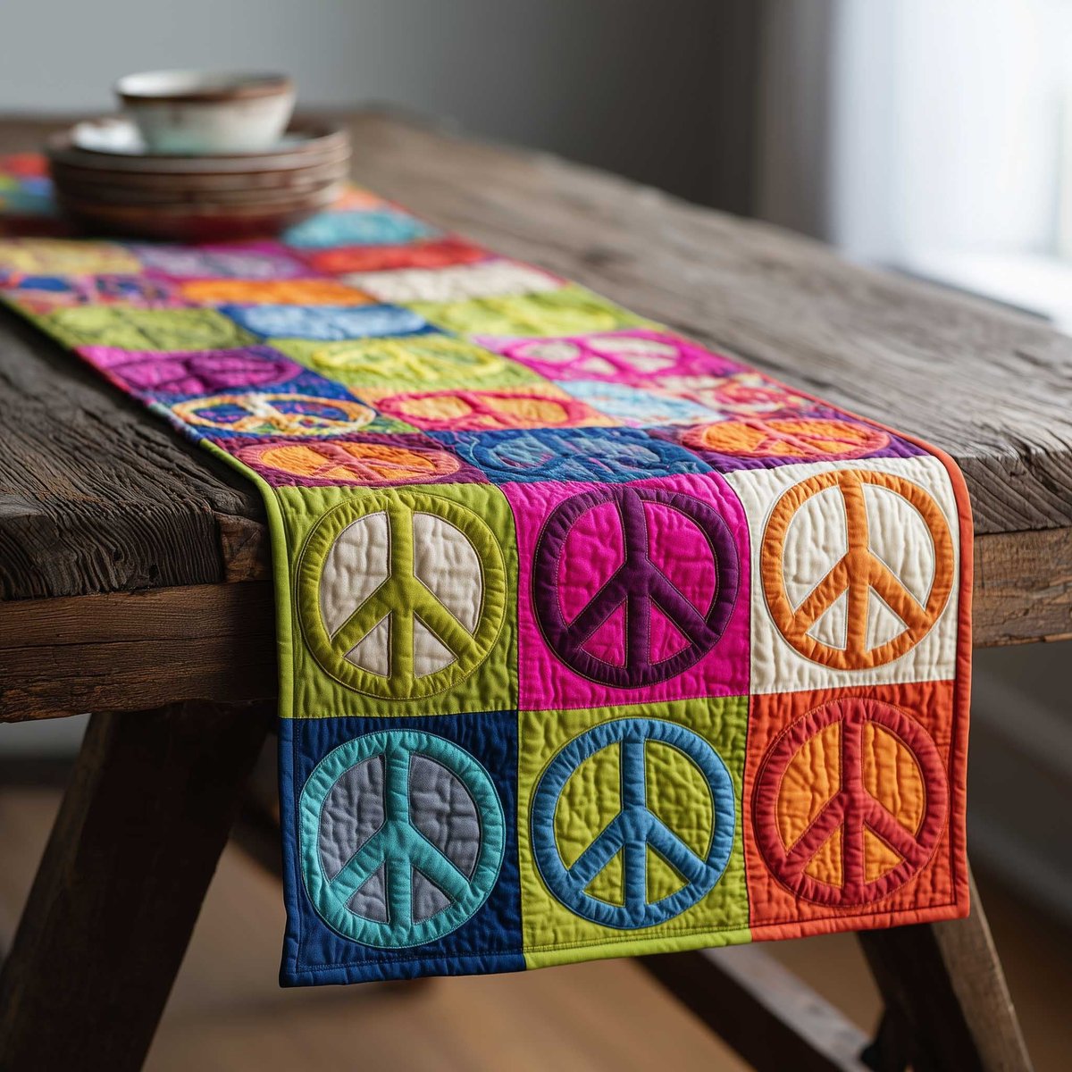 Peace Signs in Bright Squares Table Runner - Made to Order TABLE928