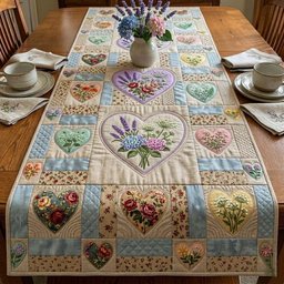 Pastel Floral Hearts in Squares Table Runner - Made to Order TABLE928