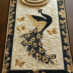 Peacock with Butterflies on Cream Table Runner - Made to Order TABLE928