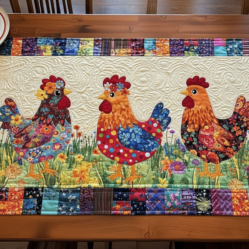 Patchwork Chickens in Flower Field Table Runner - Made to Order TABLE928