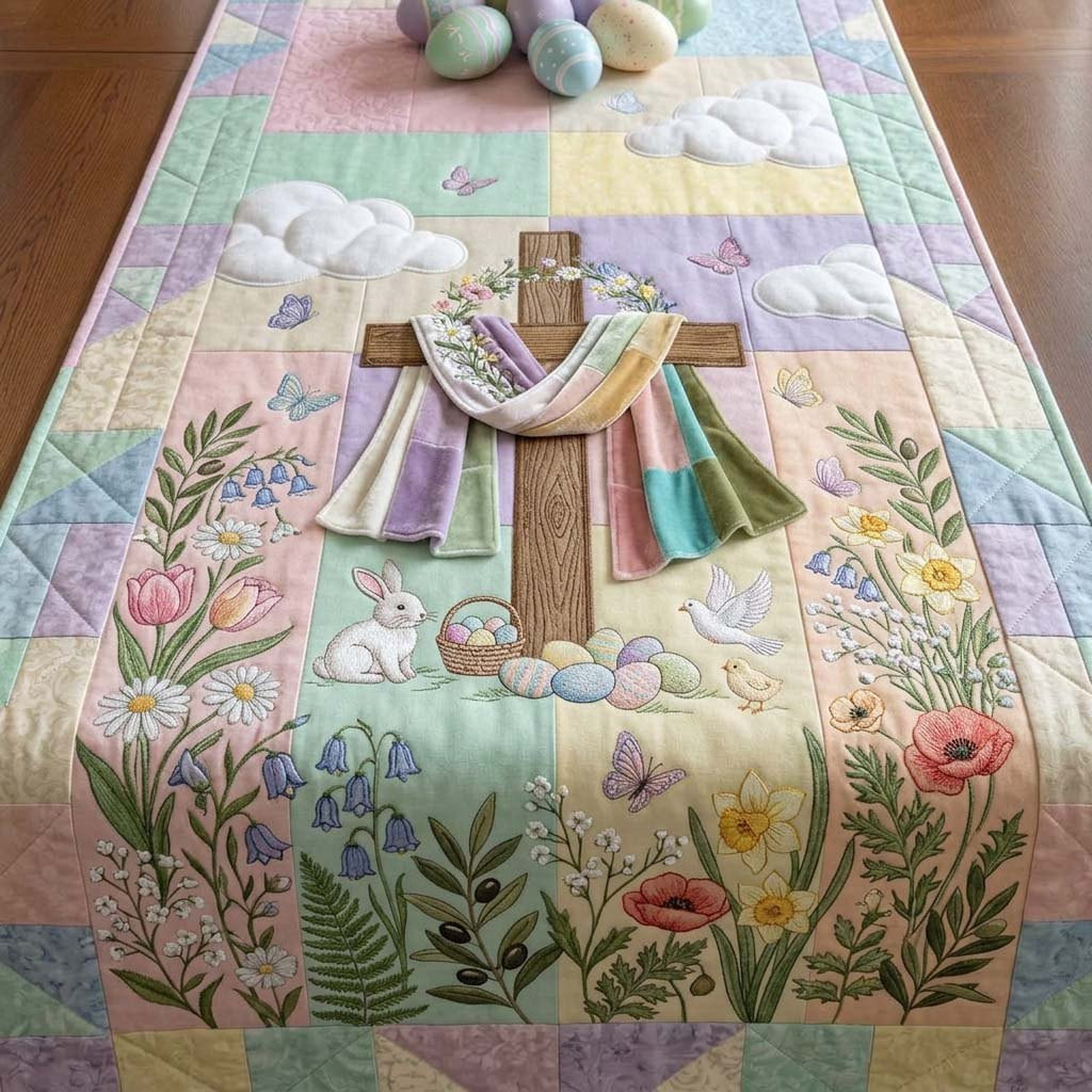 Pastel Cross with Bunny and Eggs Table Runner - Made to Order TABLE928