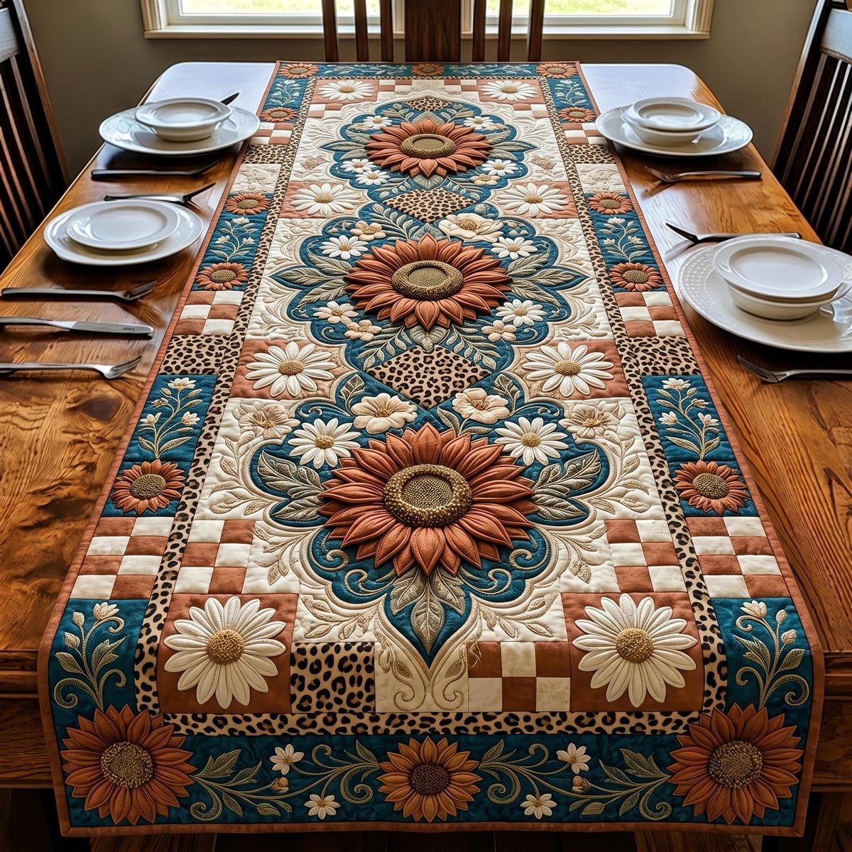 Ornate Flower Medallions on Cream Table Runner - Made to Order TABLE928