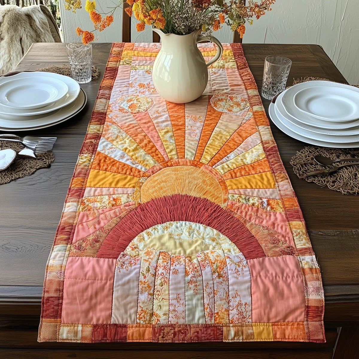 Orange Sun Arch on Pale Cream Table Runner - Made to Order TABLE928