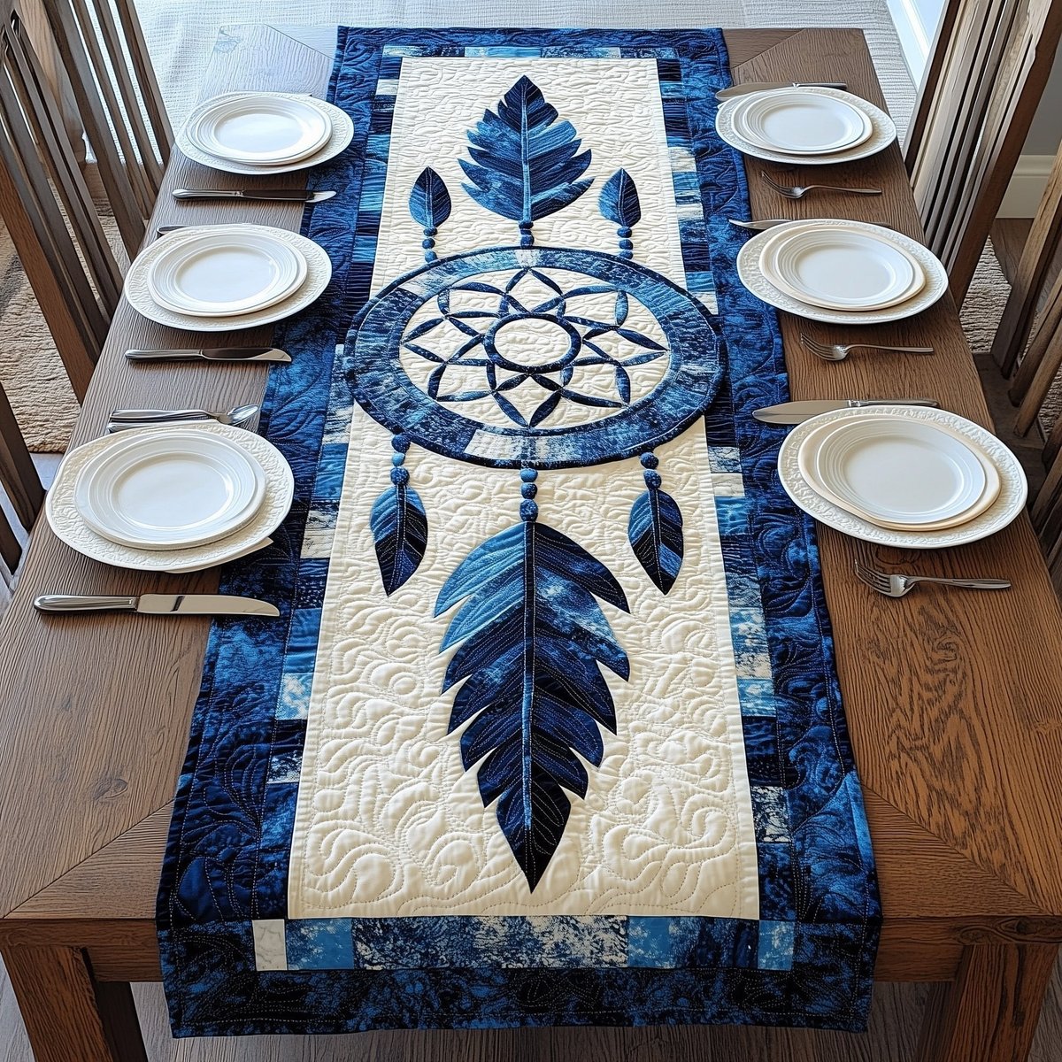 Pale Blue Dreamcatcher with Two Feathers Table Runner - Made to Order TABLE928