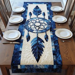 Pale Blue Dreamcatcher with Two Feathers Table Runner - Made to Order TABLE928