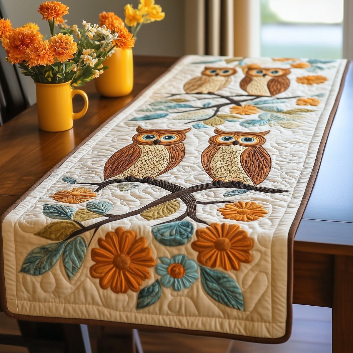 Owls Beside Large Orange Flowers Table Runner - Made to Order TABLE928
