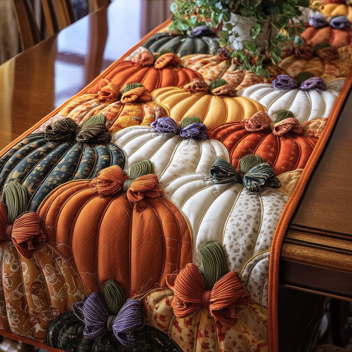 Orange Pumpkins with Fabric Bows Table Runner - Made to Order TABLE928
