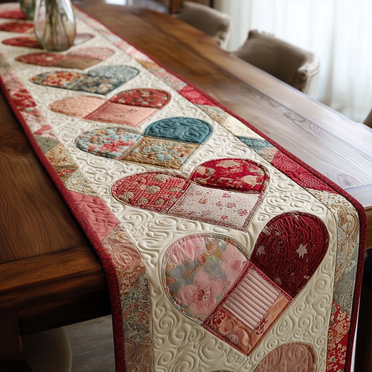 Patchwork Hearts on Ivory Squares Table Runner - Made to Order TABLE928