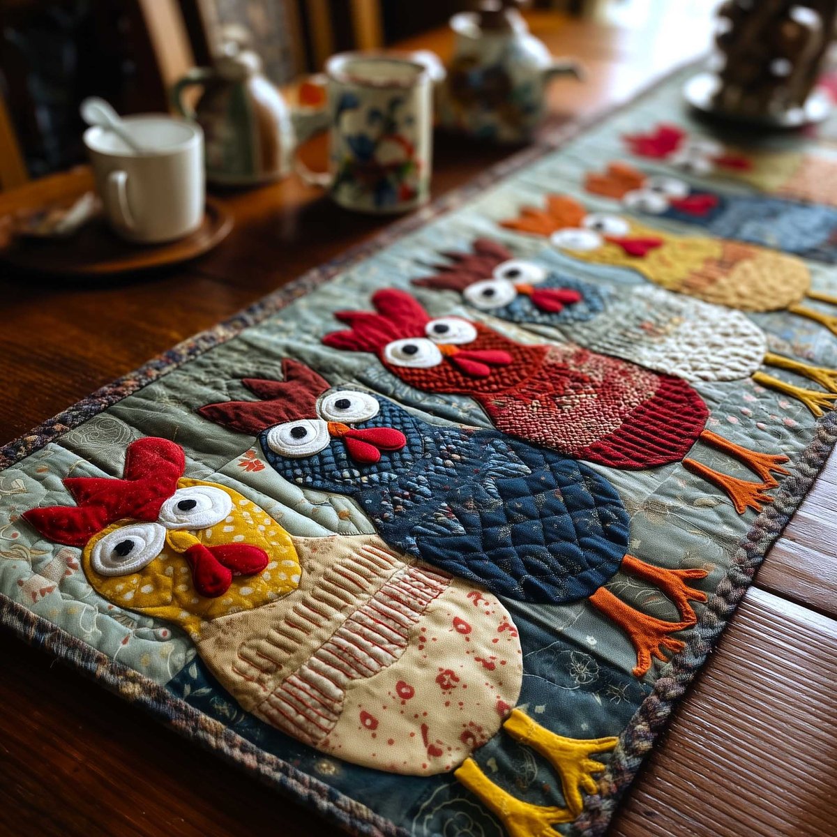 Patchwork Hens in Red and Blue Table Runner - Made to Order TABLE928
