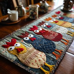 Patchwork Hens in Red and Blue Table Runner - Made to Order TABLE928