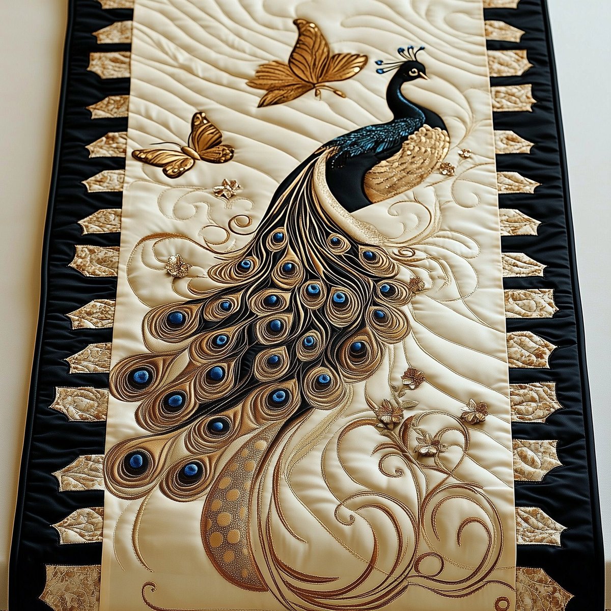 Peacock with Striped Black Border Table Runner - Made to Order TABLE928