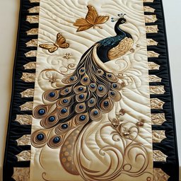 Peacock with Striped Black Border Table Runner - Made to Order TABLE928
