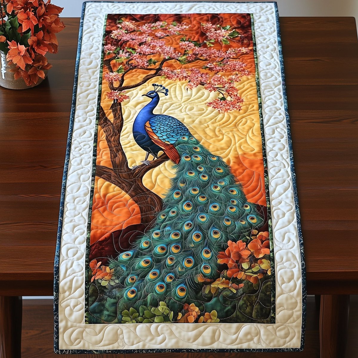 Peacock on Branch at Sunrise Table Runner - Made to Order TABLE928