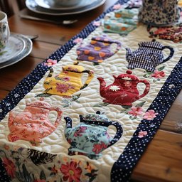 Pastel Teapots on Navy Dots Table Runner - Made to Order TABLE928