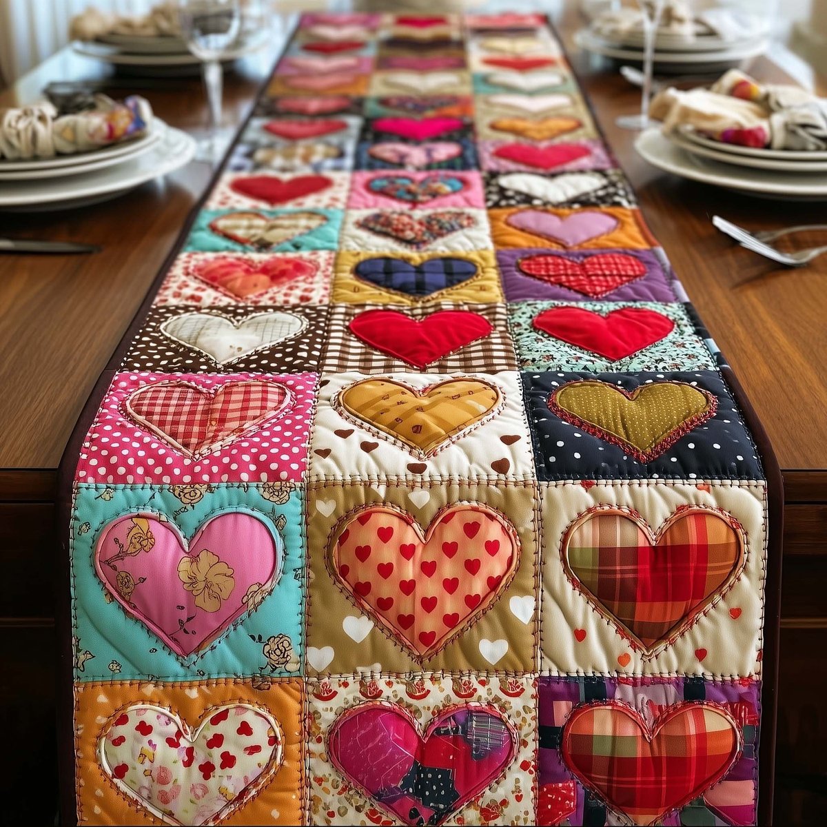 Patchwork Hearts in Bright Squares Table Runner - Made to Order TABLE928