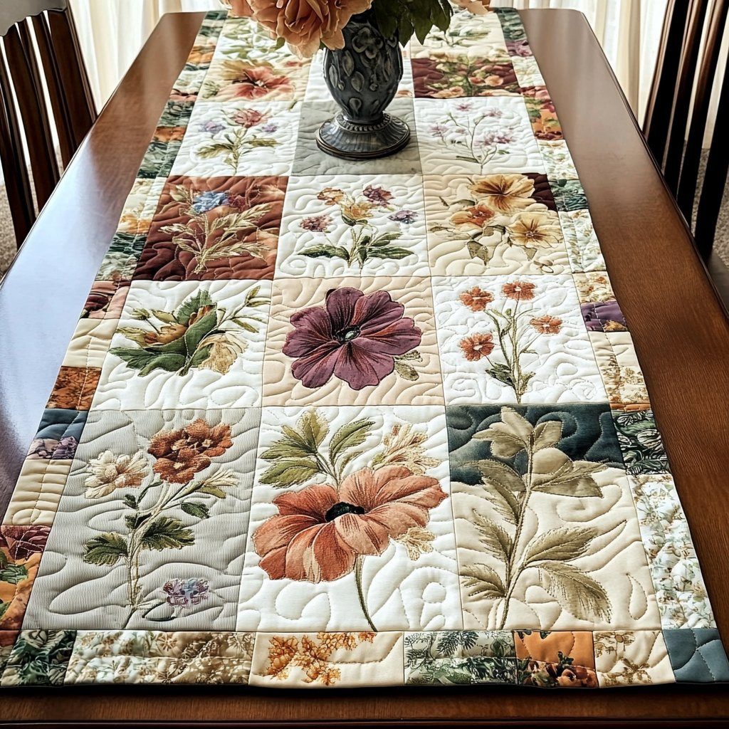 Pastel Flower Squares on Cream Table Runner - Made to Order TABLE928