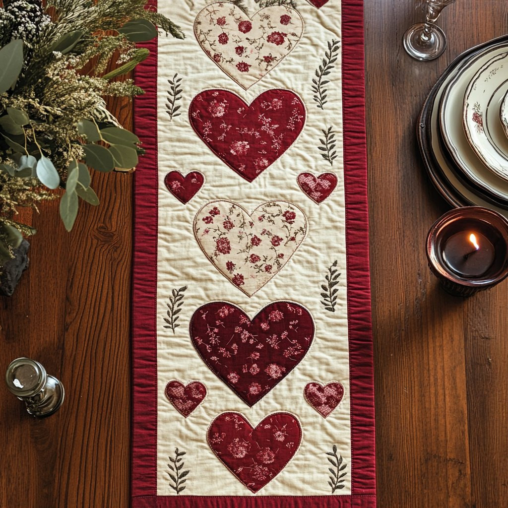 Patterned Hearts on Cream and Red Table Runner - Made to Order TABLE928