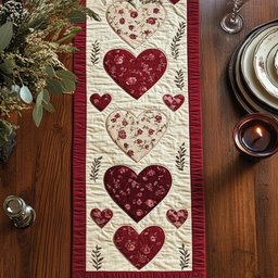 Patterned Hearts on Cream and Red Table Runner - Made to Order TABLE928