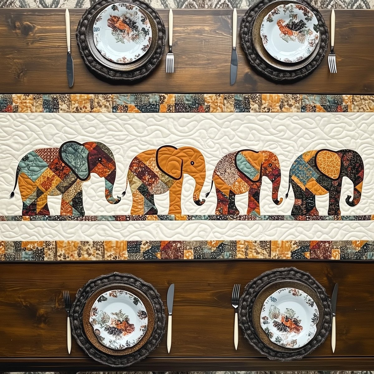 Patterned Elephant Parade on Cream Table Runner - Made to Order TABLE928