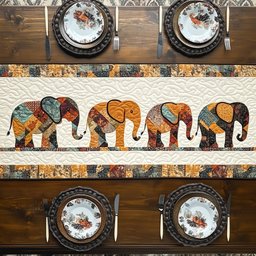 Patterned Elephant Parade on Cream Table Runner - Made to Order TABLE928