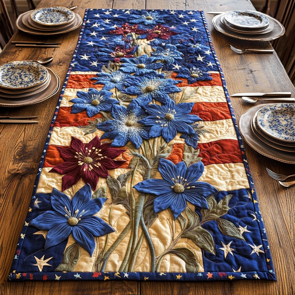 Patriotic Flowers on Stars and Stripes Table Runner - Made to Order TABLE928