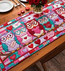 Owls with Love Hearts on Pink Table Runner - Made to Order TABLE928