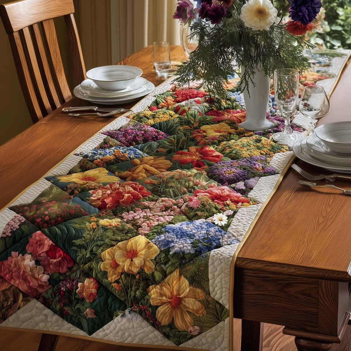 Patchwork Garden of Summer Blooms Table Runner - Made to Order TABLE928