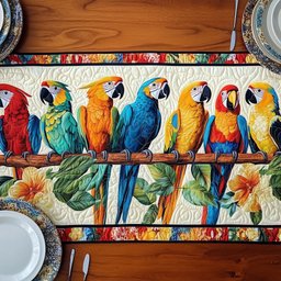 Parrots Perched Along a Rail Table Runner - Made to Order TABLE928
