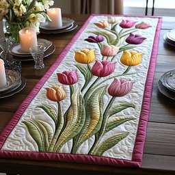 Pastel Tulips with Rose Border Table Runner - Made to Order TABLE928