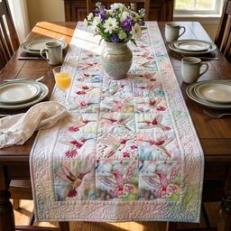 Pale Hummingbirds with Pink Flowers Table Runner - Made to Order TABLE928