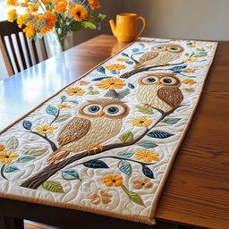 Owls on Branch with Blue Flowers Table Runner - Made to Order TABLE928