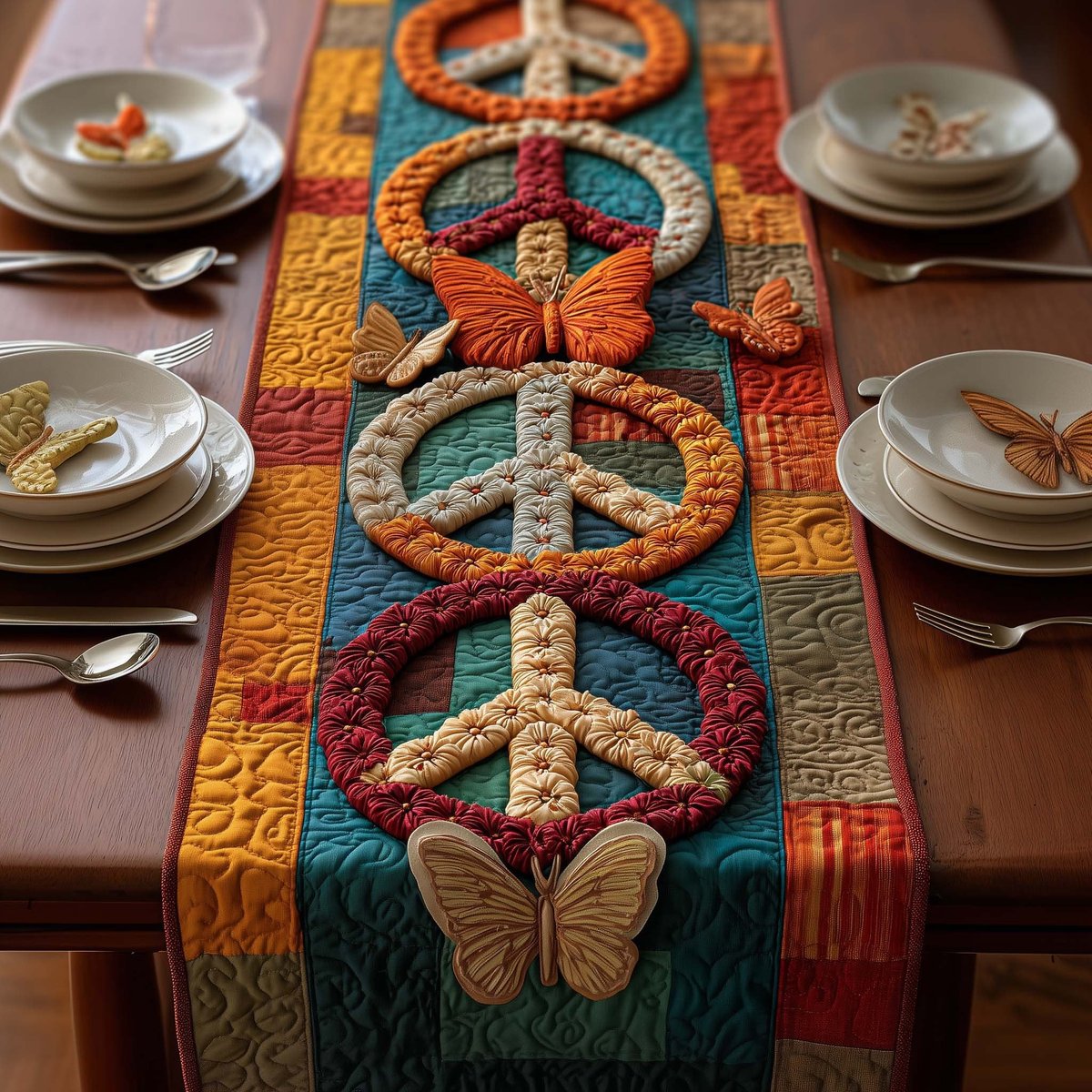 Peace Symbols with Orange Butterflies Table Runner - Made to Order TABLE928