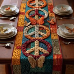 Peace Symbols with Orange Butterflies Table Runner - Made to Order TABLE928
