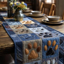 Paw Prints on Blue and Tan Squares Table Runner - Made to Order TABLE928