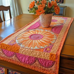 Orange Sun Medallion with Pink Scallops Table Runner - Made to Order TABLE928