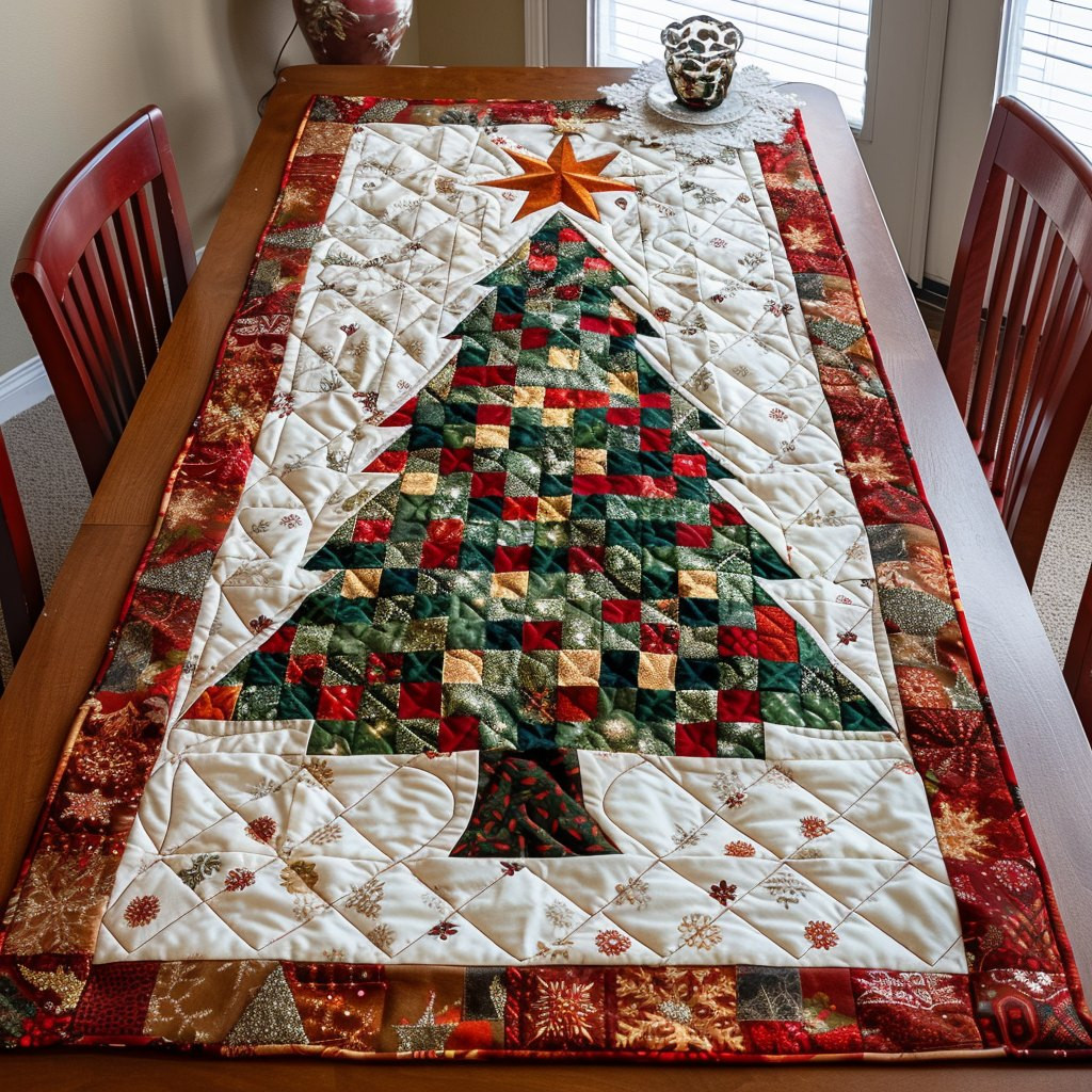 Patchwork Christmas Tree on Cream Table Runner - Made to Order TABLE928
