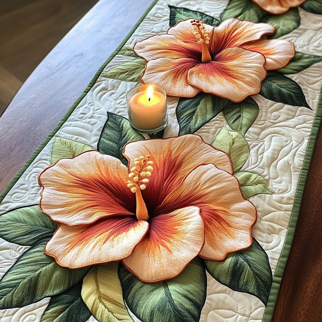 Peach Hibiscus on Cream Table Runner - Made to Order TABLE928