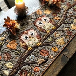 Owls on Branch with Autumn Leaves Table Runner - Made to Order TABLE928
