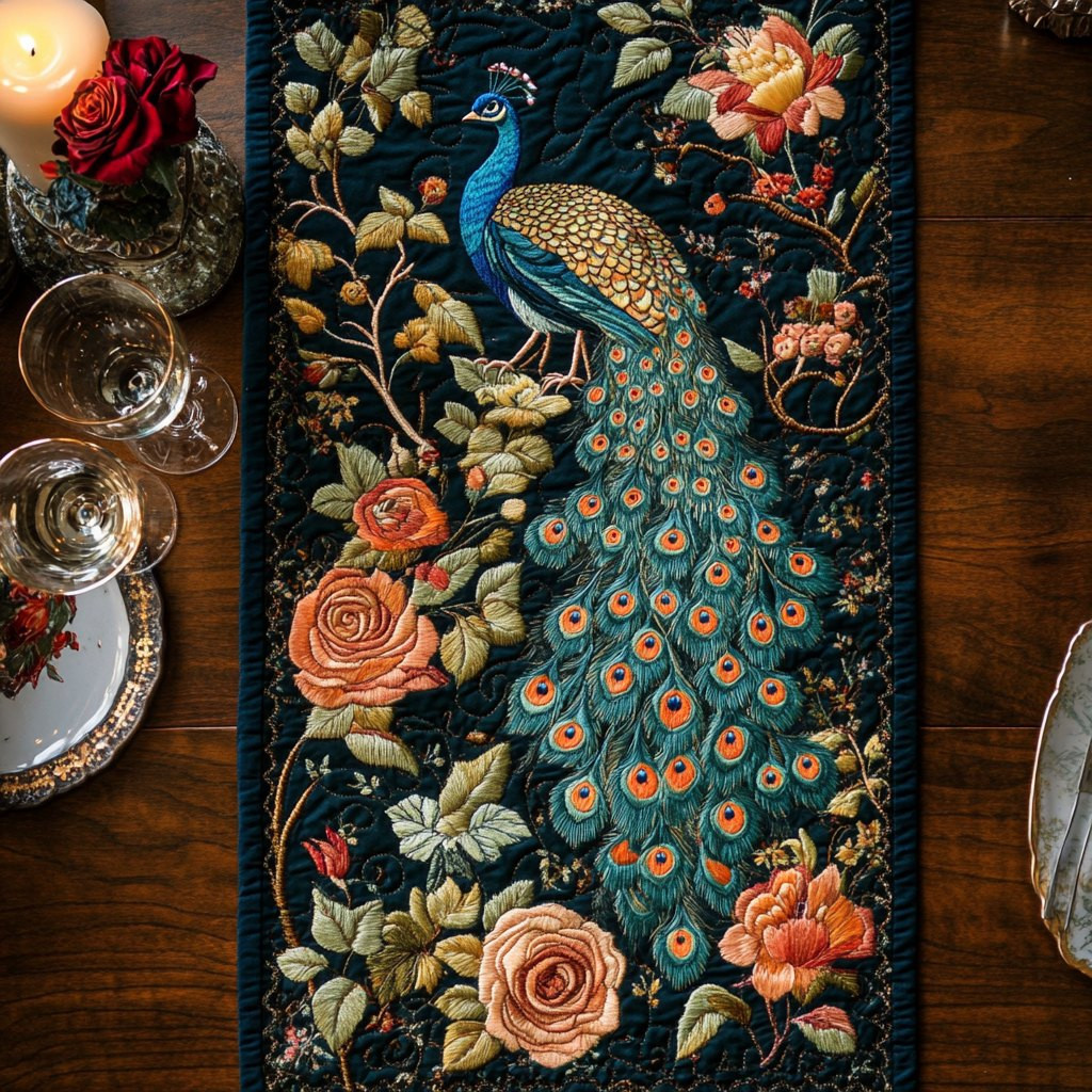 Peacock with Peach Roses Table Runner - Made to Order TABLE928