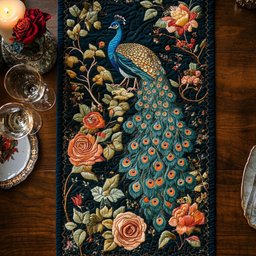 Peacock with Peach Roses Table Runner - Made to Order TABLE928