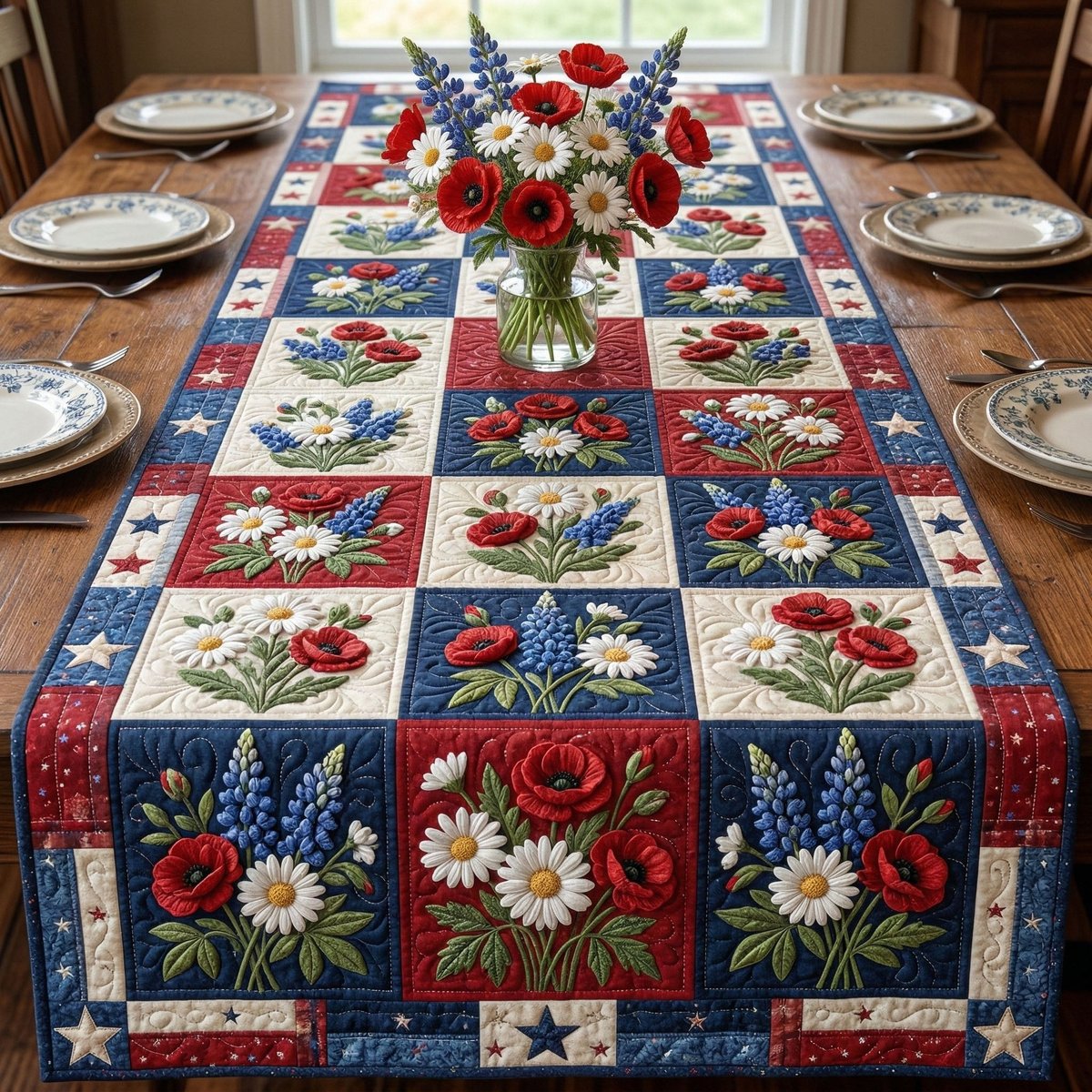 Patriotic Flower Blocks with Bluebonnets Table Runner - Made to Order TABLE928