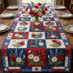 Patriotic Flower Blocks with Bluebonnets Table Runner - Made to Order TABLE928