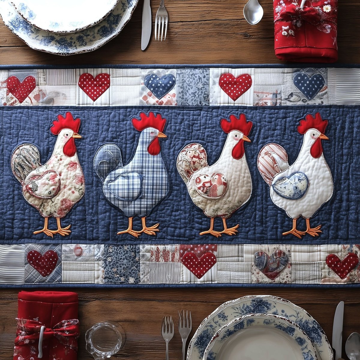 Patchwork Chickens on Blue Check Table Runner - Made to Order TABLE928